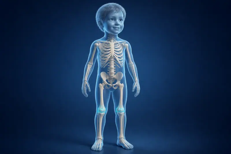 Çocuk ortopedisi: büyüme plakları vurgulanmış çocuk iskeletinin 3D medikal illüstrasyonu