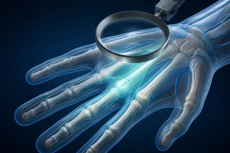 El mikrocerrahisi: parmak sinir ve damar onarımını temsil eden 3D medikal illüstrasyon